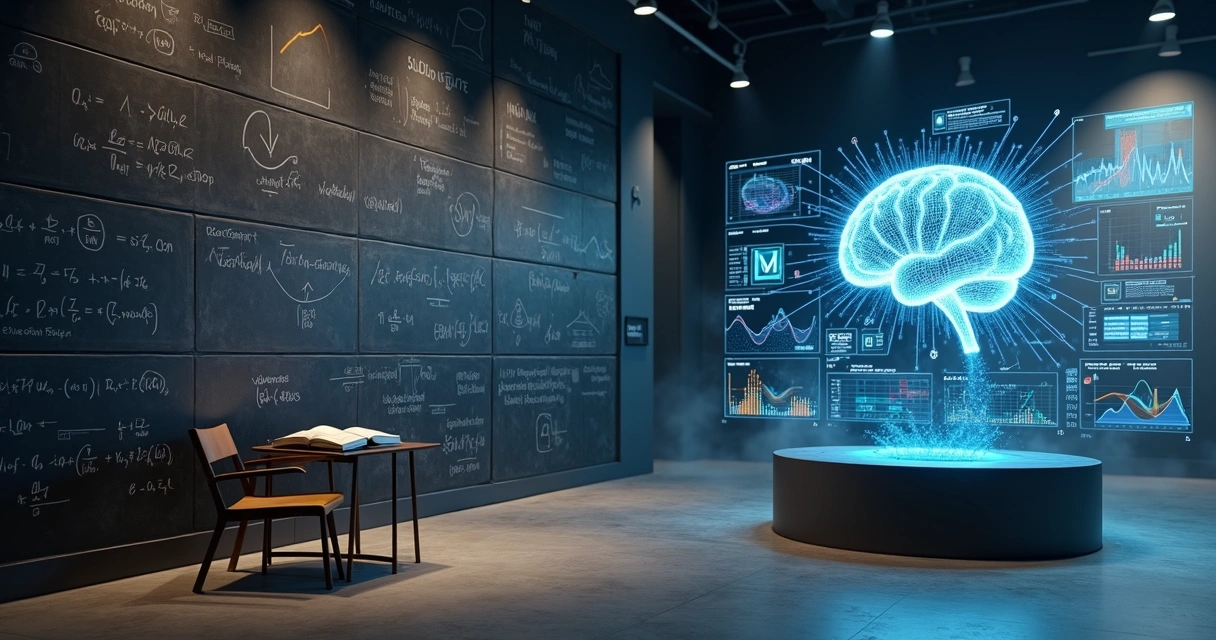 Quantum-style chalkboard with formulas facing glowing AI brain hologram 