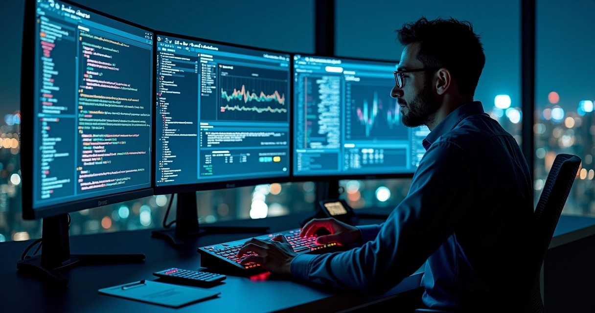 Close-up of derivatives pricing engine interface with coder at workstation 