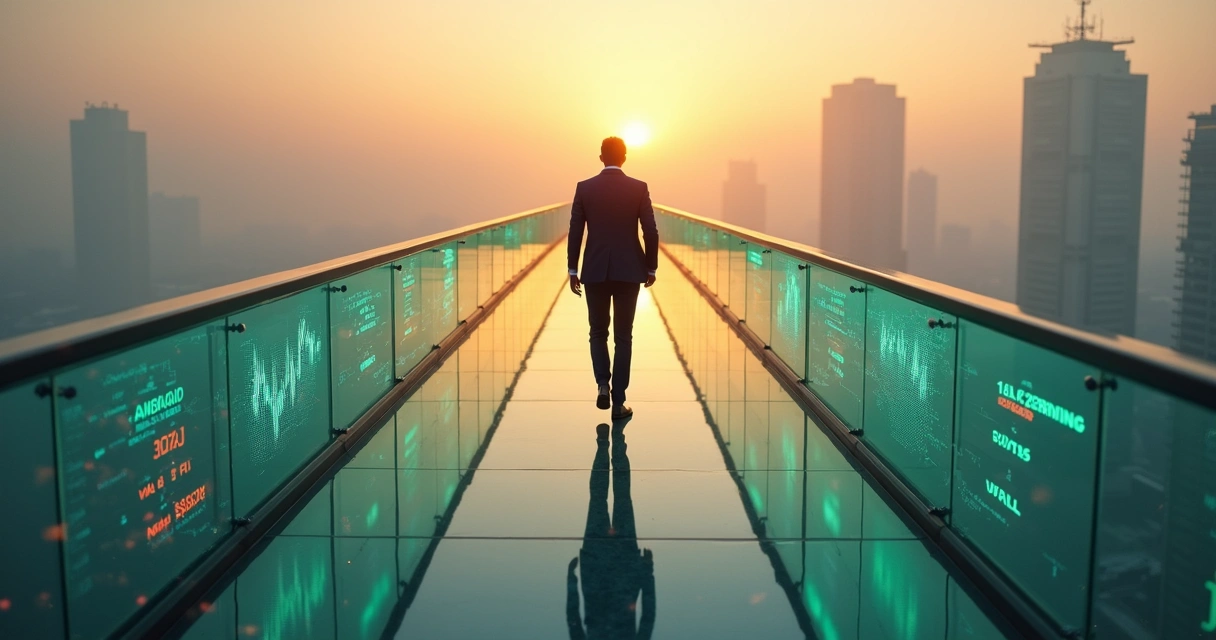 Risk manager crossing glass bridge lined with derivatives charts 