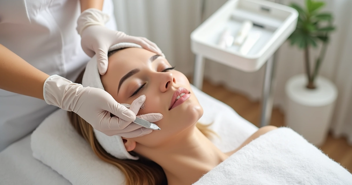 Profissional realizando dermaplaning com lâmina estéril em pele facial 