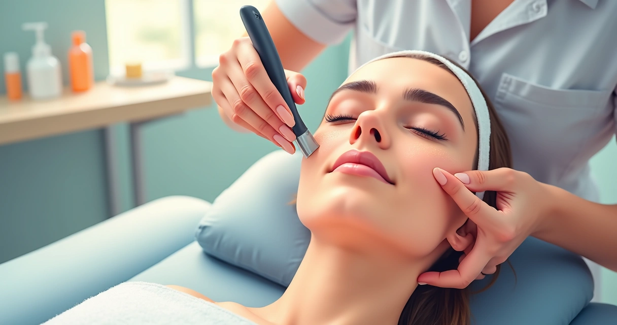 Sessão de dermaplaning em rosto de mulher sorrindo. 