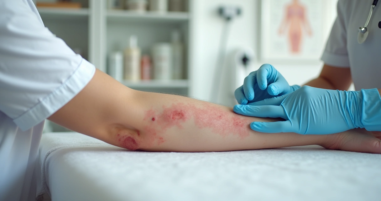 Dermatite atópica em close no braço de paciente com pele seca e avermelhada 