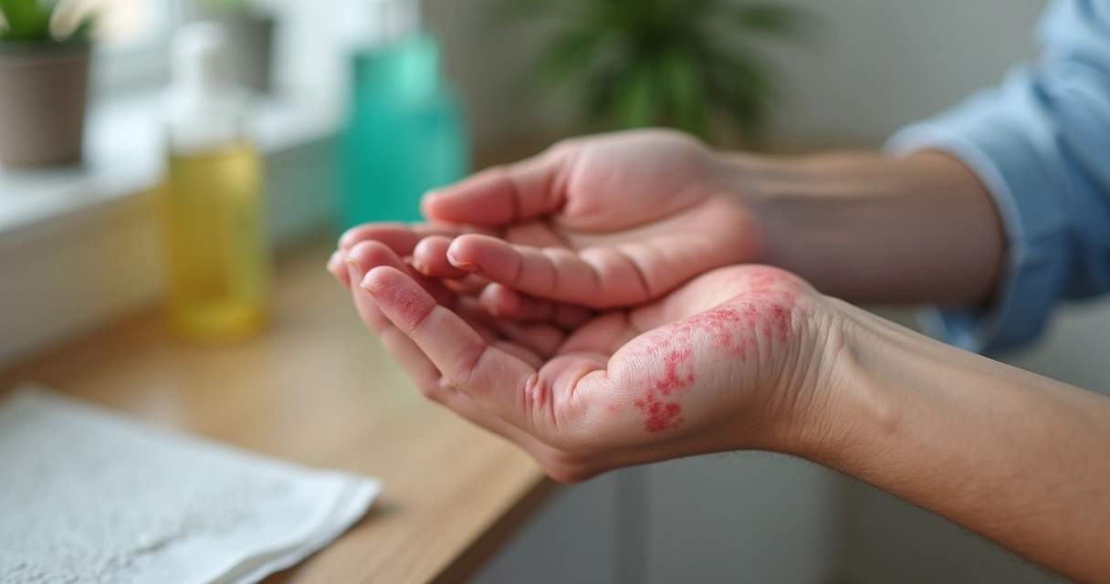 Dermatite de contato: principais causas e prevenção diária 1 Mão com sinais de dermatite de contato nas áreas entre os dedos.