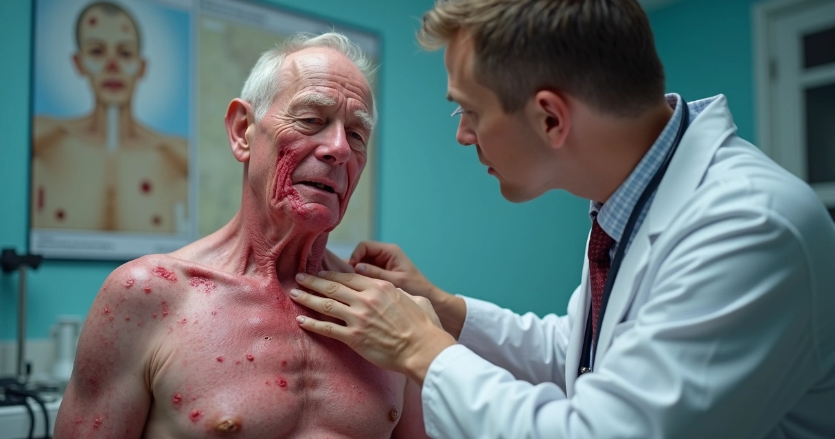 Dermatologista examinando pele espessa de paciente com lesões visíveis, luz suave, consulta médica detalhada, ambiente limpo 