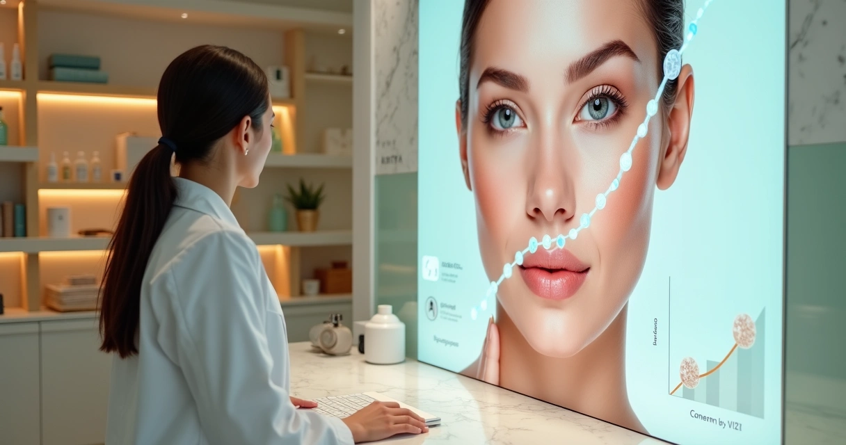 Dermatologista em consultório moderno observando gráfico de crescimento em formato de pele na parede 