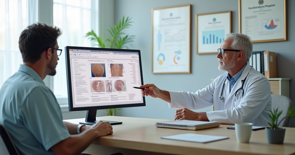Dermatologista mostra pesquisa científica a paciente em consultório moderno 