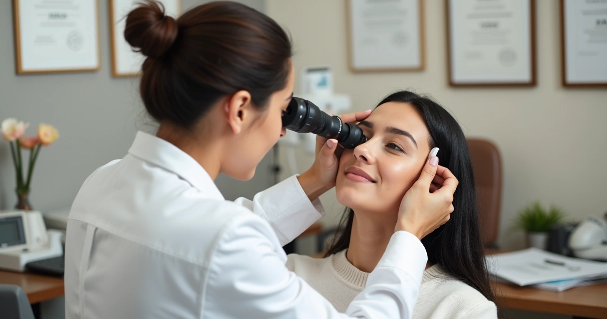 Dermatologista analisando pele do paciente em consultório moderno. 