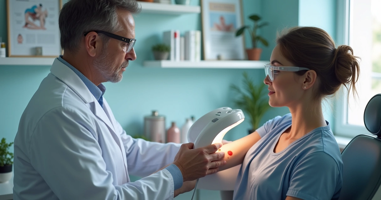 Dermatologista realizando fototerapia em paciente com vitiligo, com aparelho e cuidados de proteção 