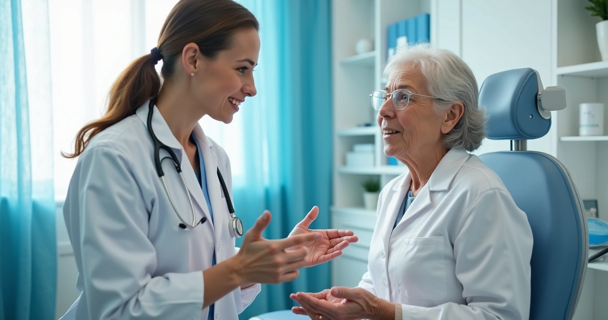 Dermatologista atendendo idosa em consultório 