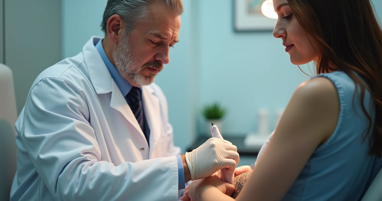 Dermatologista avalia paciente para remoção de tatuagem a laser no consultório 