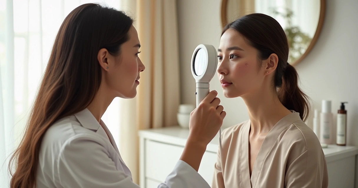 Avaliação dermatológica da pele facial com lupa 