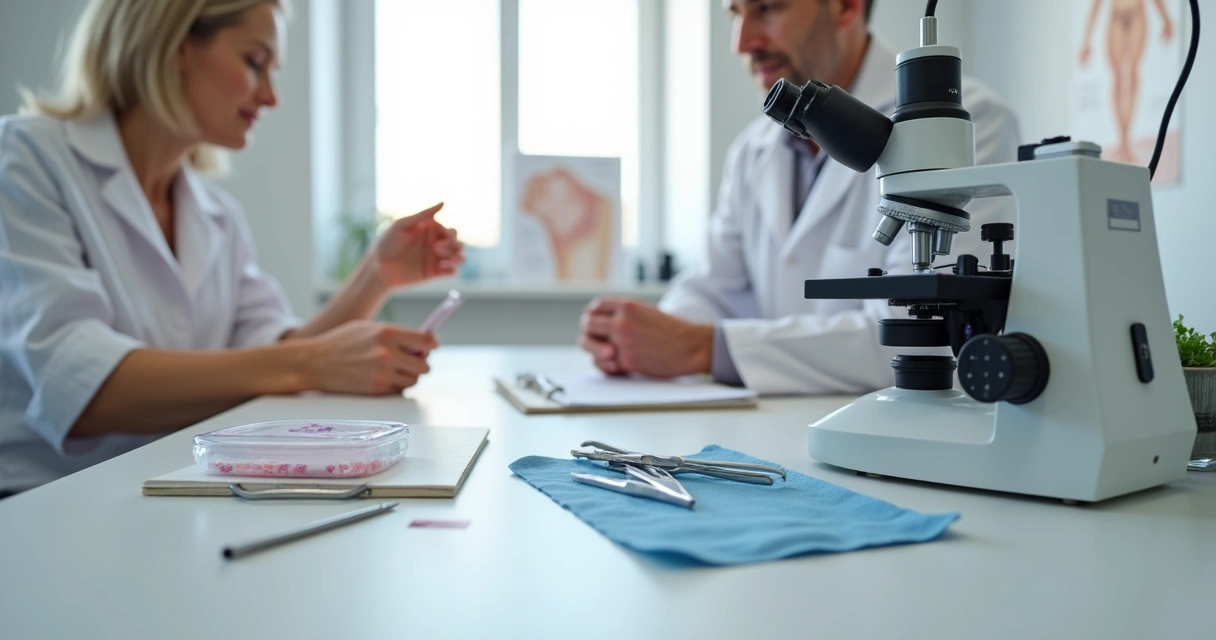 Dermatologista avalia amostra de pele com vitiligo ao microscópio em consultório moderno 