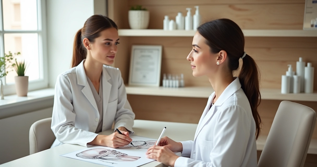 Dermatologista em consulta acolhedora analisando pele de paciente em consultório moderno. 