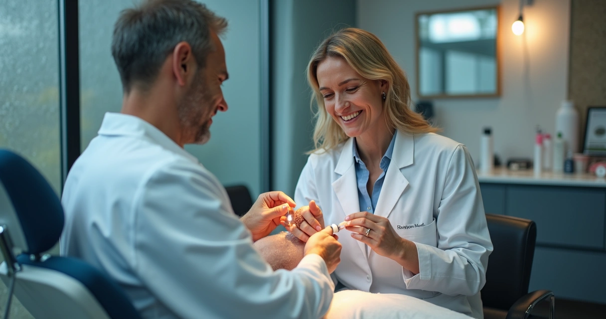 Dermatologista mostrando fórmula manipulada para paciente 