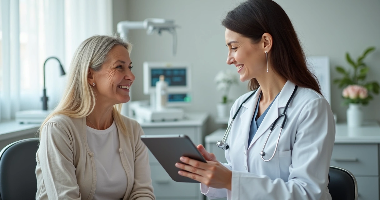 Dermatologista consultando paciente feminina em clínica de pele 