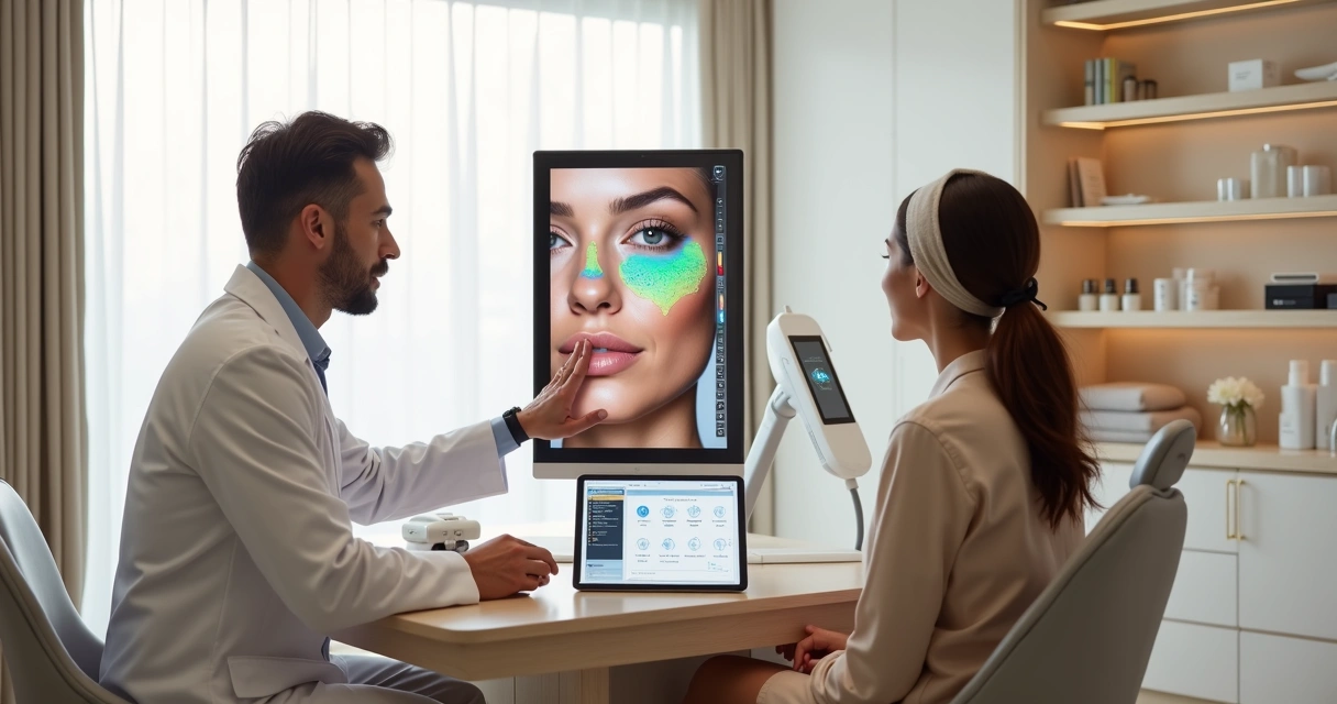Dermatologista analisando rosto de paciente em sala de estética moderna 
