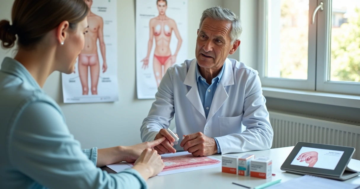 Dermatologista mostrando em consulta manchas de vitiligo e uso de creme corticosteroide na pele do paciente 