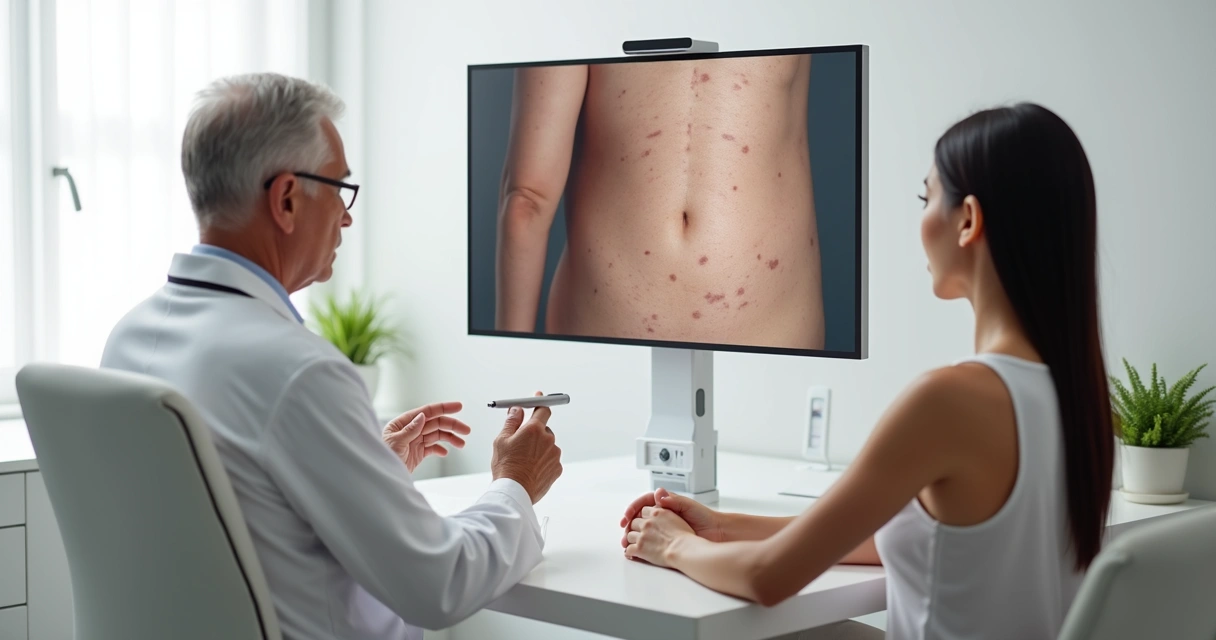 Dermatologista explica opção de despigmentação para paciente com vitiligo extenso em tela com imagem da pele 