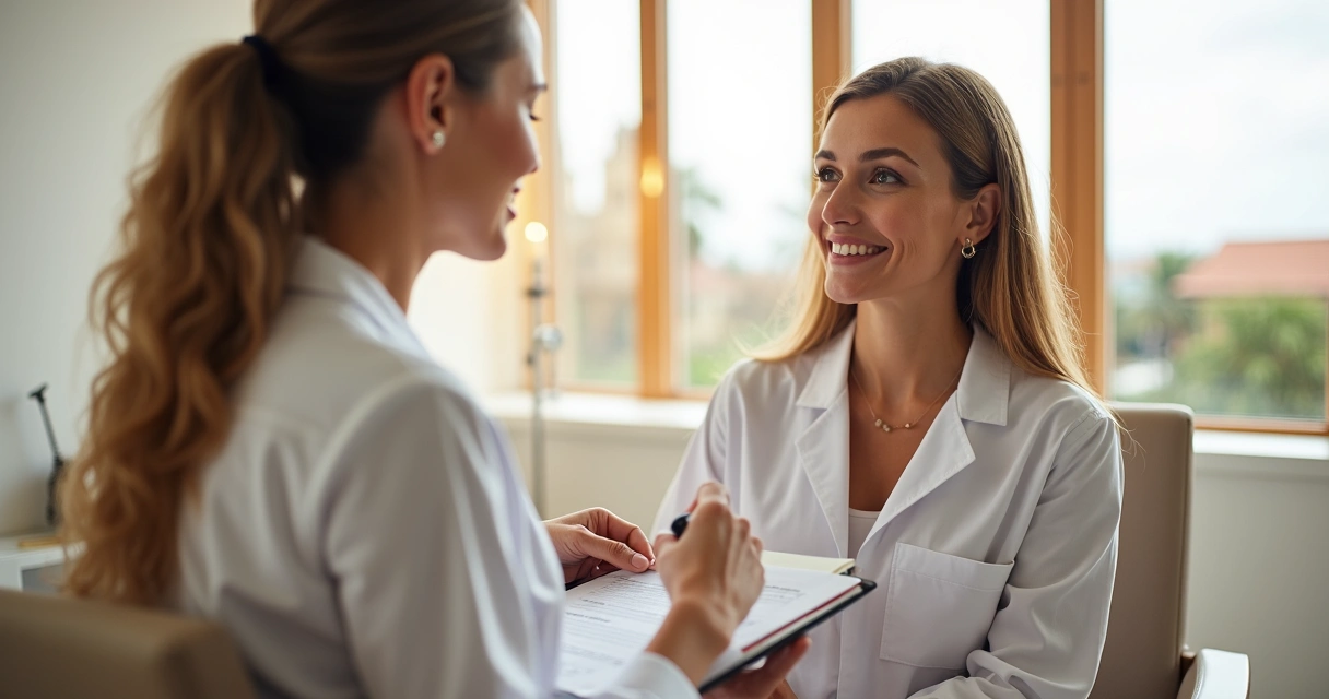 Dermatologista avaliando rosto de paciente em consultório moderno 