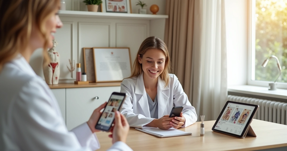 Dermatologista em consultório elegante usando o Instagram no celular ao lado de produtos e equipamentos dermatológicos de alta qualidade 