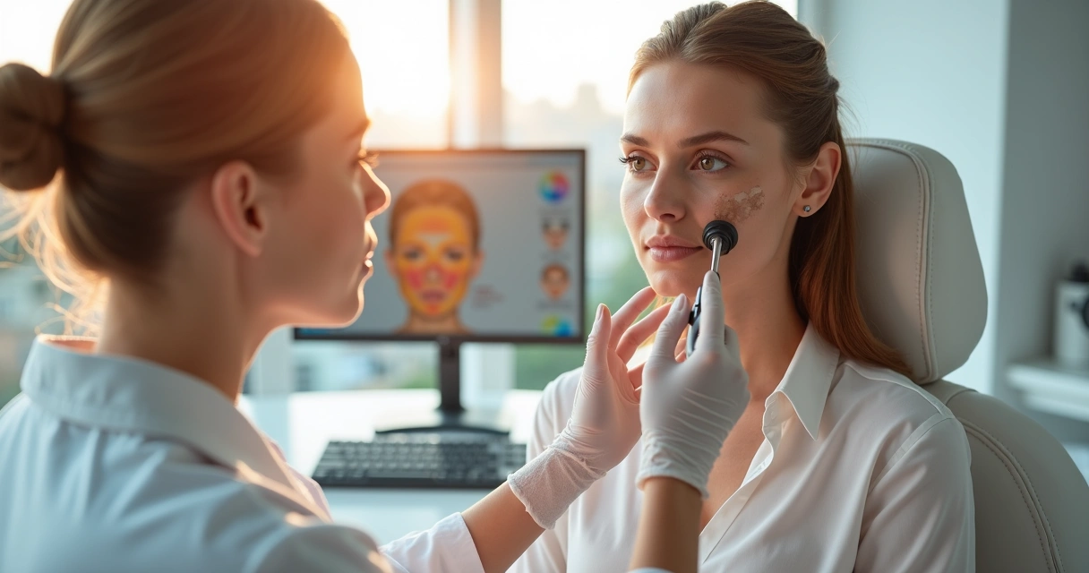 Dermatologista analisando manchas de melasma no rosto de paciente em ambiente clínico de verão 