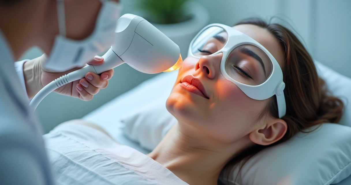Dermatologista aplicando luz intensa pulsada no rosto de um paciente 