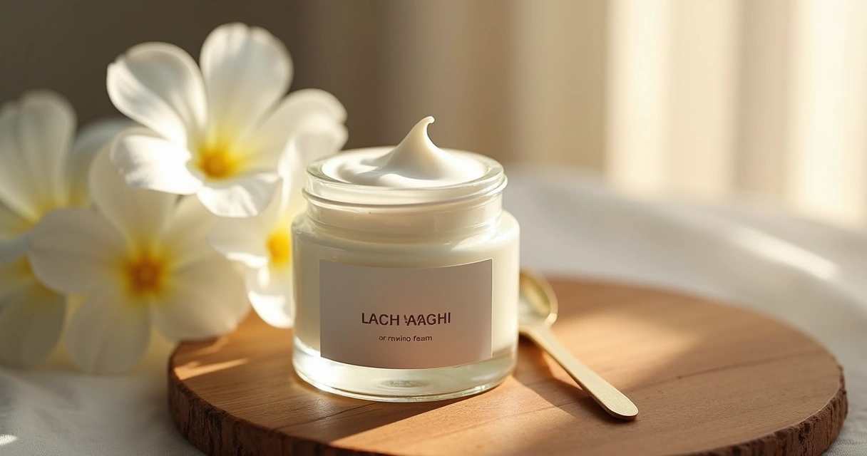 Frasco de creme dermocosmético personalizado ao lado de flores brancas 