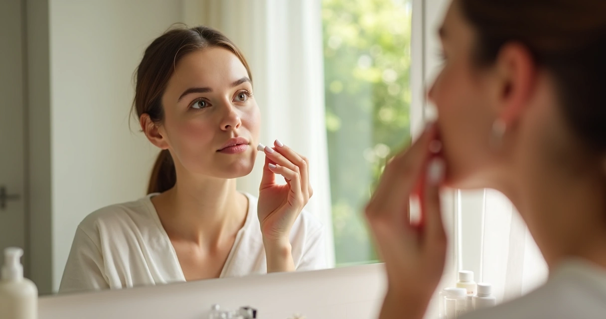 Pessoa aplicando creme delicadamente na bochecha