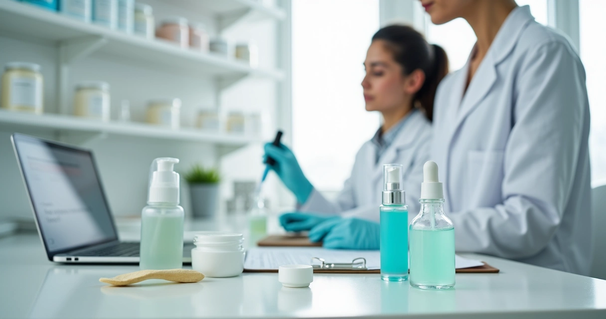 Farmacêutica analisa fórmulas de dermocosméticos manipulados em laboratório com bancada organizada 