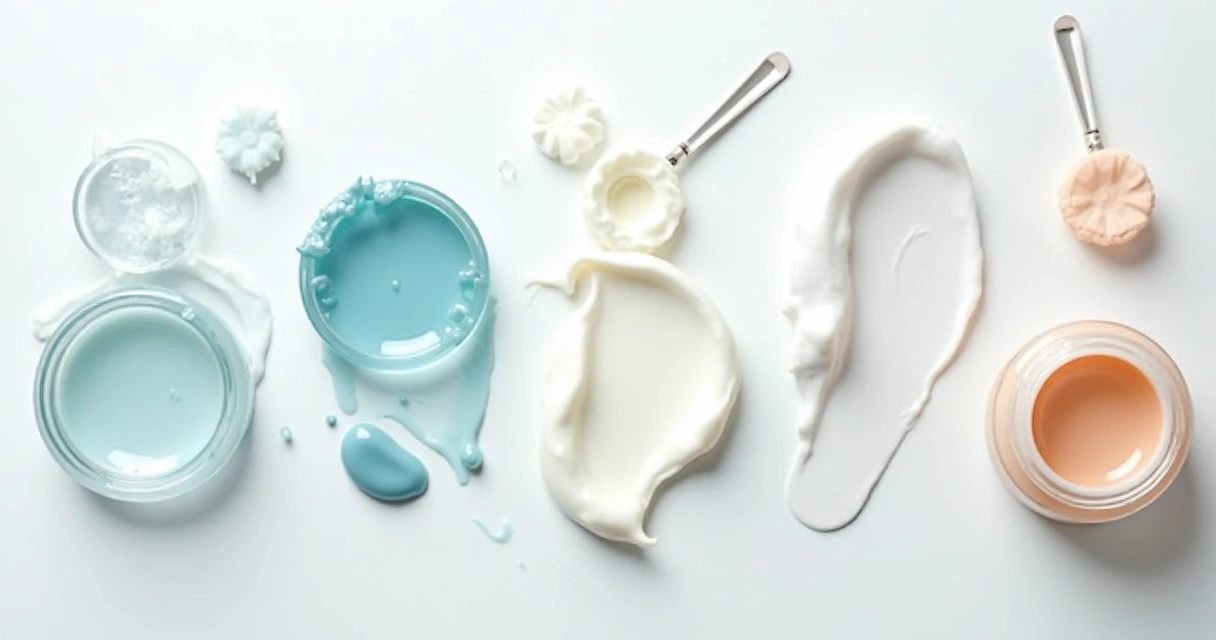 Visão superior de diferentes texturas de dermocosméticos para o verão, incluindo gel, creme, sérum e espuma. 