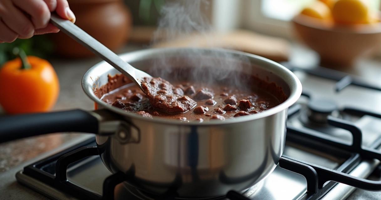 Chocolate sendo derretido em banho-maria sobre panela no fogão 