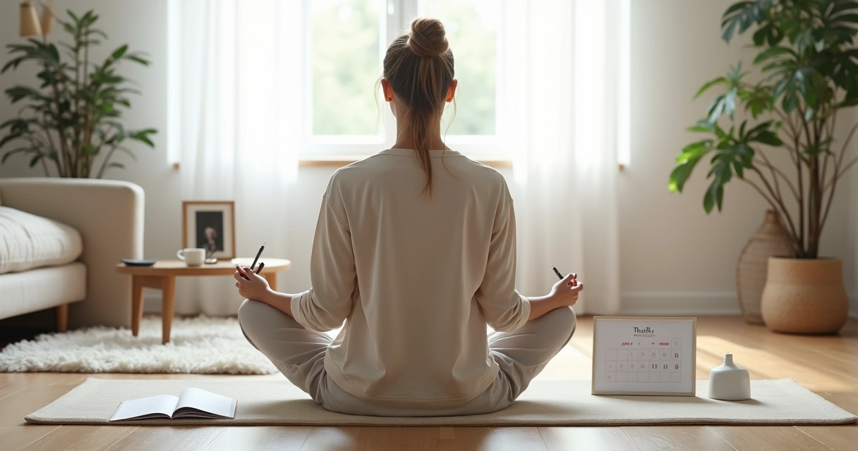 Mulher sentada em tapete de yoga anotando em diário com calendário de 21 dias ao lado 
