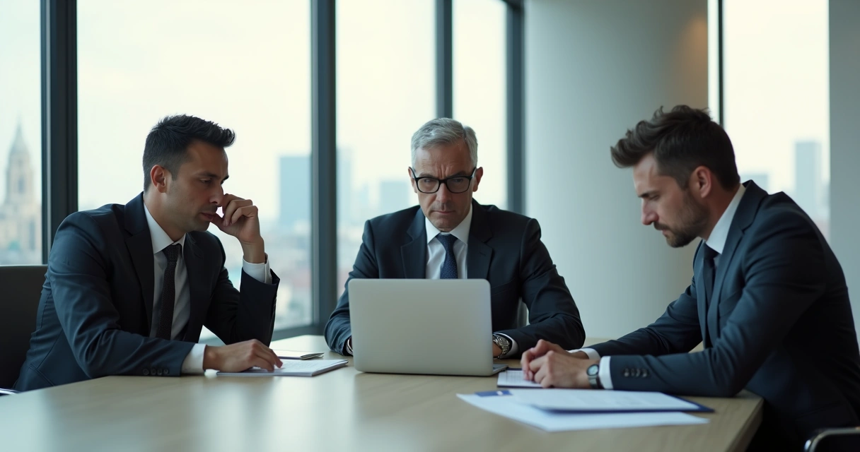 Três profissionais sentados à mesa, um olhando para baixo pensativo, outro evitando contato visual e outro aparentando nervosismo