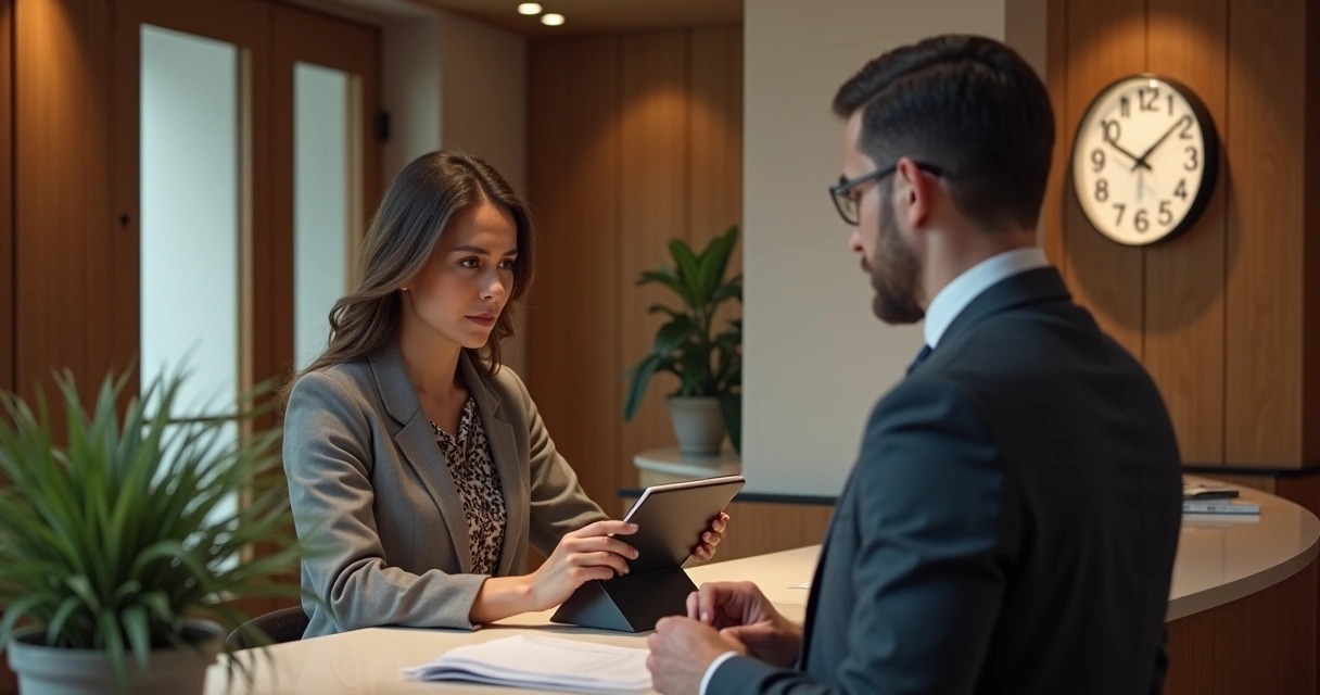 Recepcionista em hotel enfrentando dificuldades com tablet de check-in 