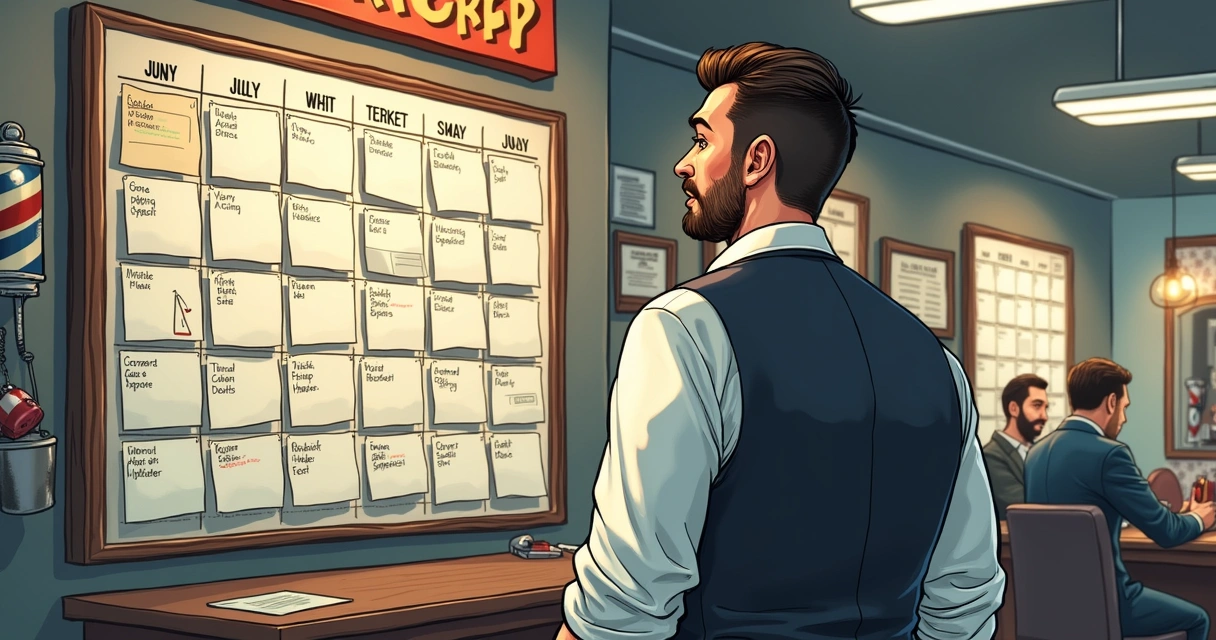 Dono de barbearia analisando agenda cheia com expressão preocupada 