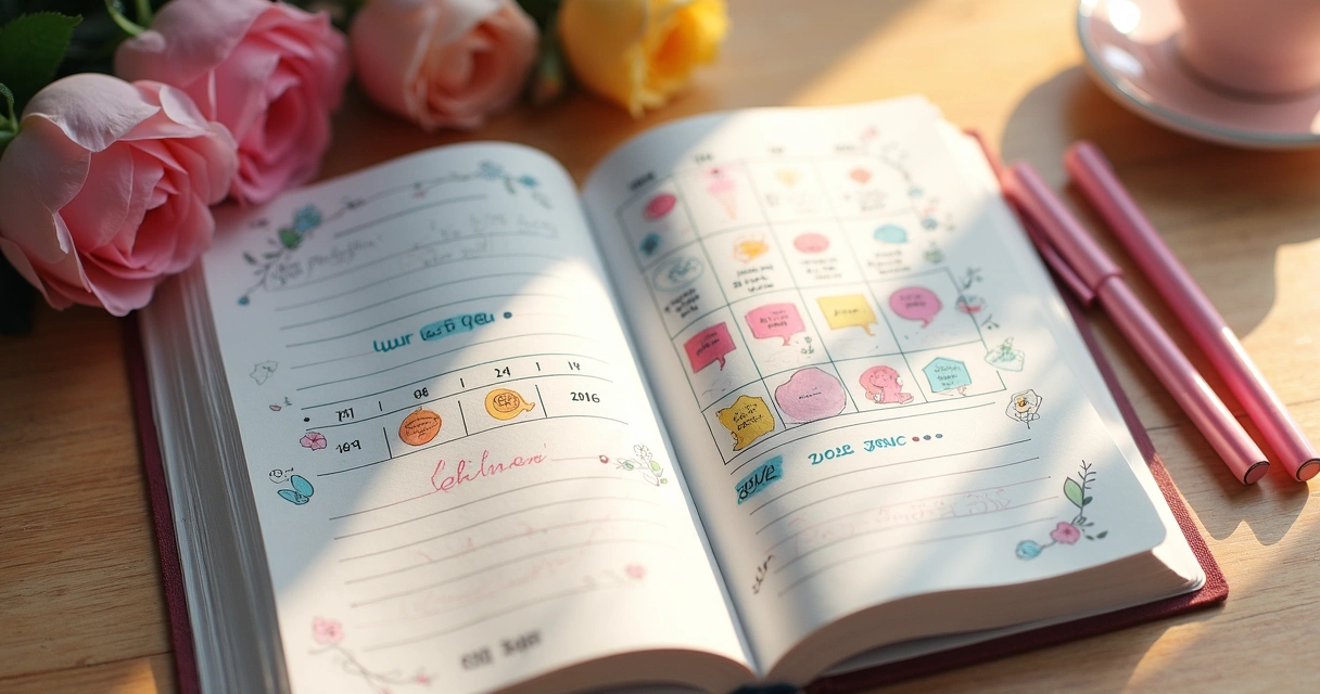 Caderno aberto com plano de escrita bíblica de junho de 2026, caneta rosa ao lado, página colorida 