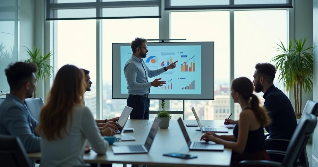 Pessoa apresentando dados para um grupo, com postura confiante. 