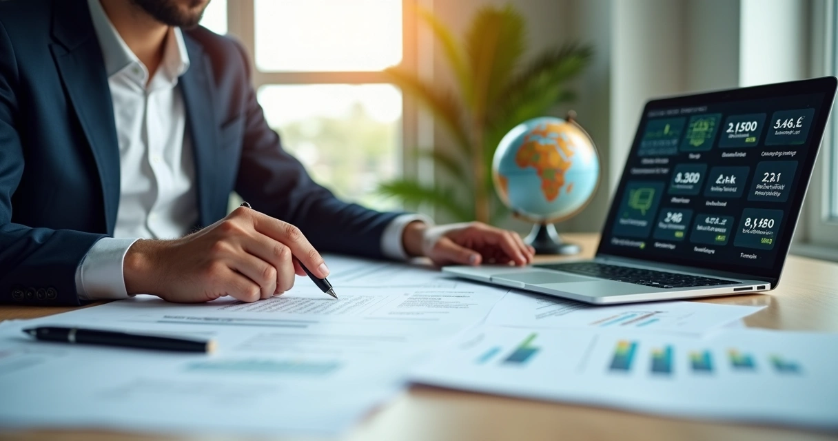 Profissional analisando documentos fiscais internacionais em mesa de escritório