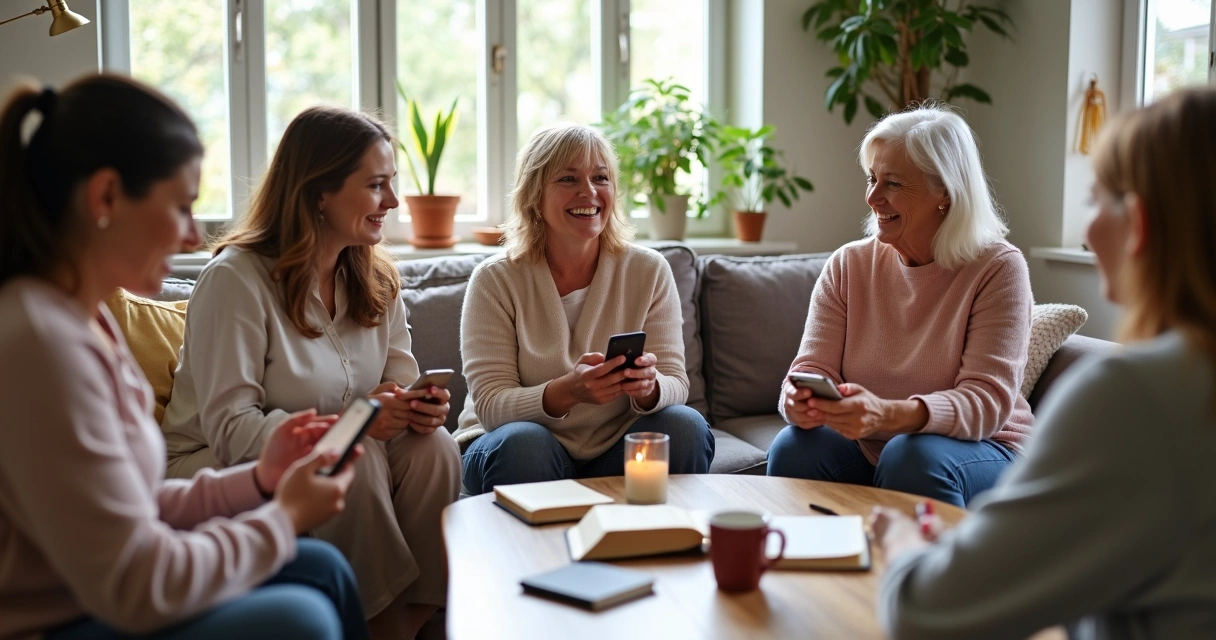 Mulheres reunidas em círculo olhando para seus celulares, demonstrando foco em mensagens devocionais