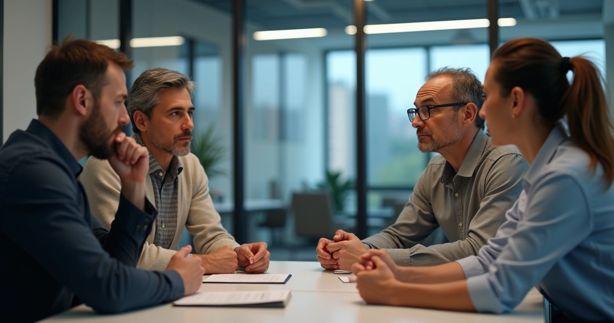 Grupo de quatro pessoas em reunião, com expressão séria e escuta atenta. 