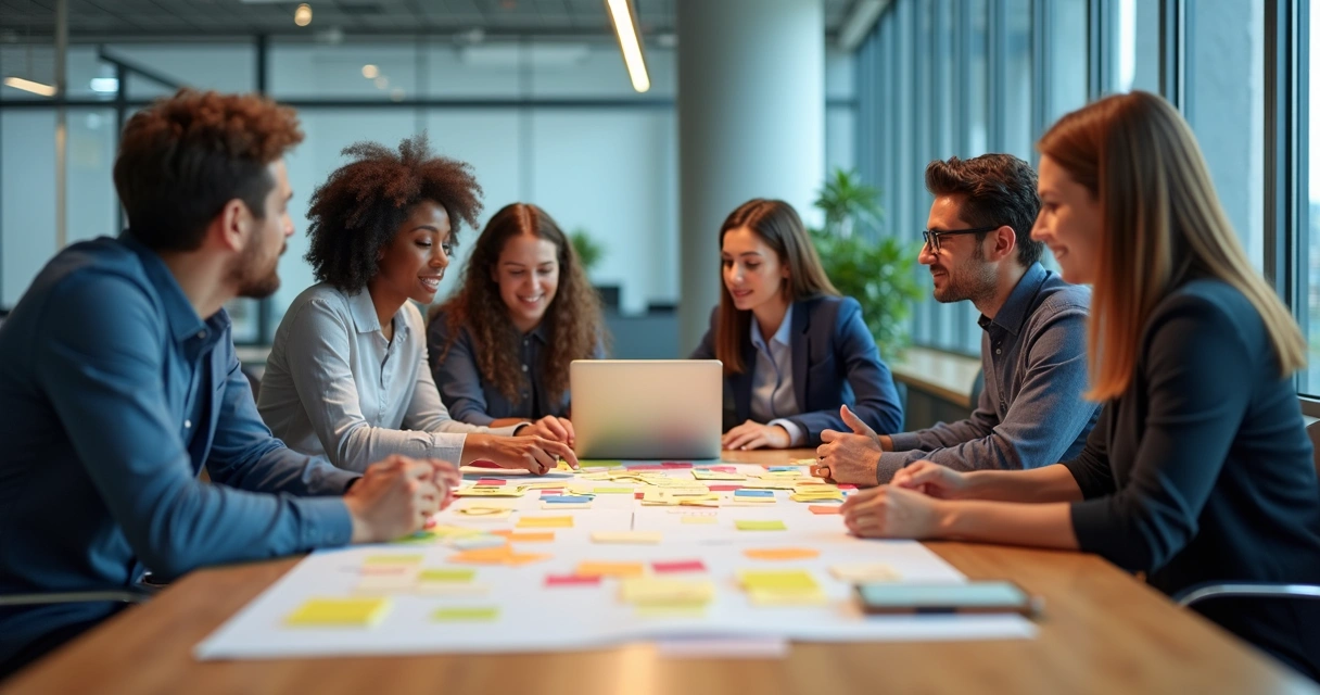 Equipe discutindo desafios ao redor de uma mesa de trabalho 