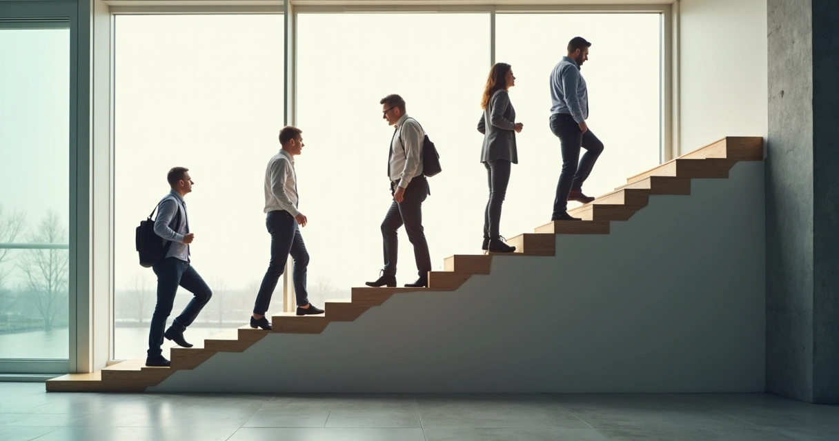 Grupo de pessoas em diferentes posições mostrando evolução com degraus desenhados no chão