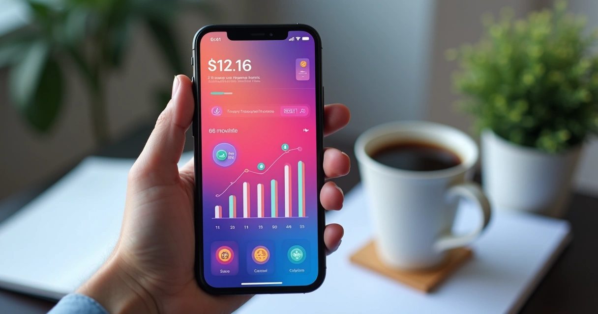 Tela de celular com gráfico colorido de finanças e medalhas 