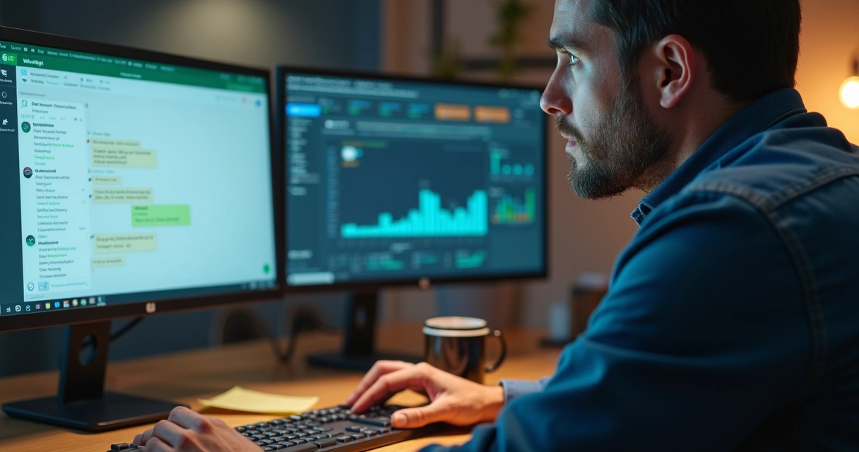 Profissional de TI analisando sistemas diferentes em telas lado a lado