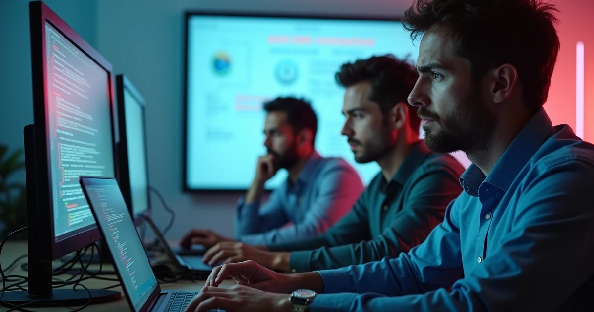 Equipe técnica tentando resolver integração de softwares diferentes