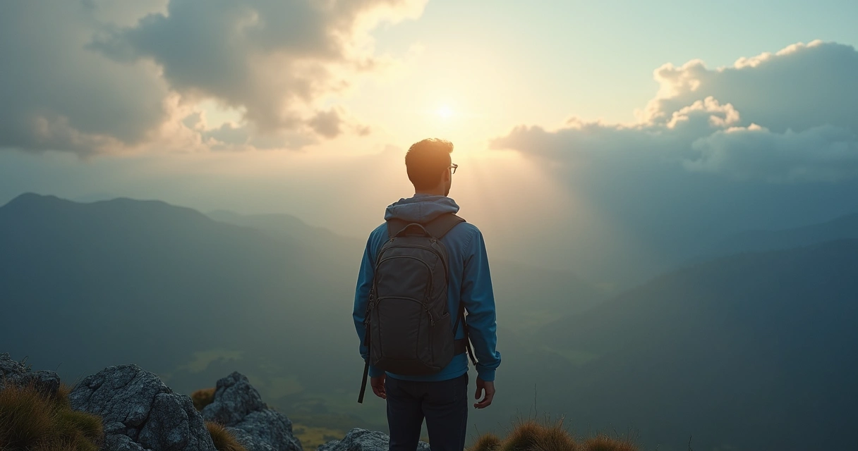 Pessoa no topo de uma montanha analisando o horizonte