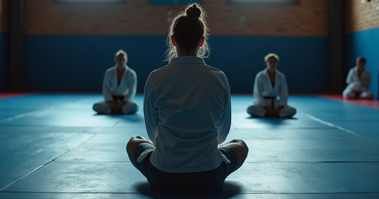 Mulher sentada sozinha no tatame, olhando para o lado, homens treinando ao fundo