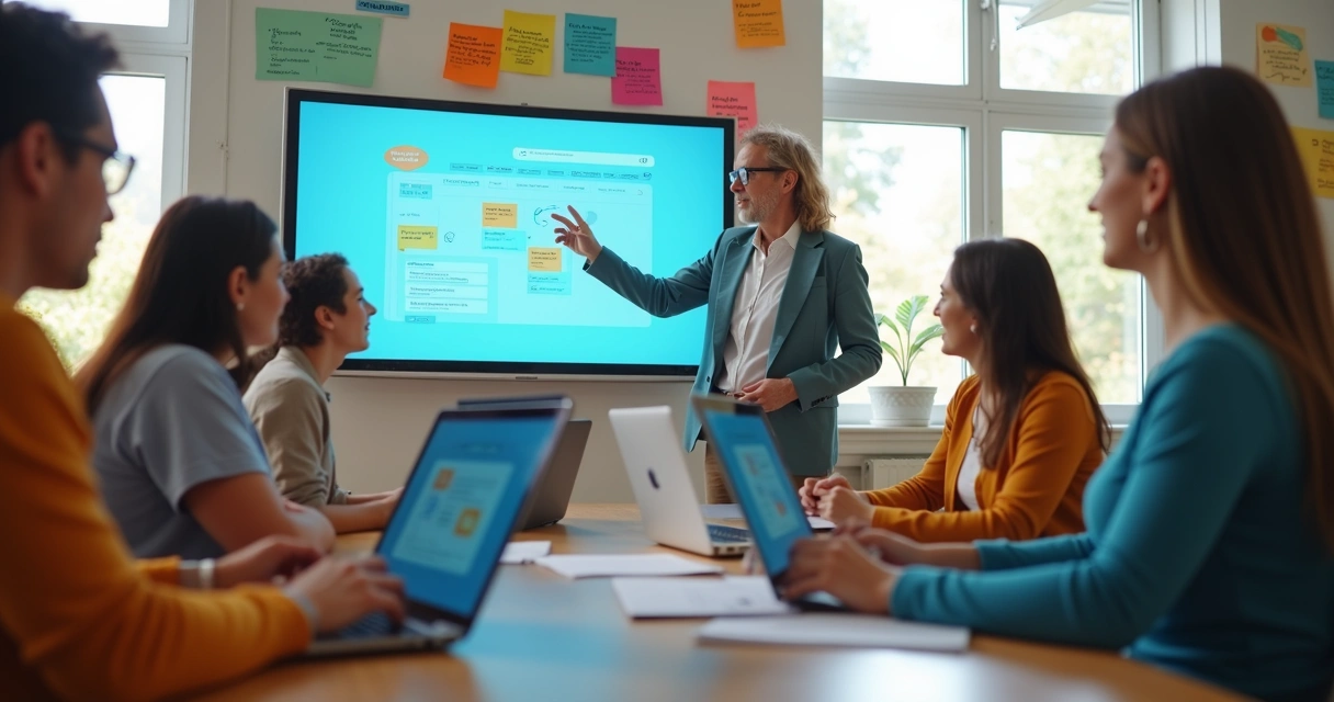 Participantes de um desafio online em uma sala interativa