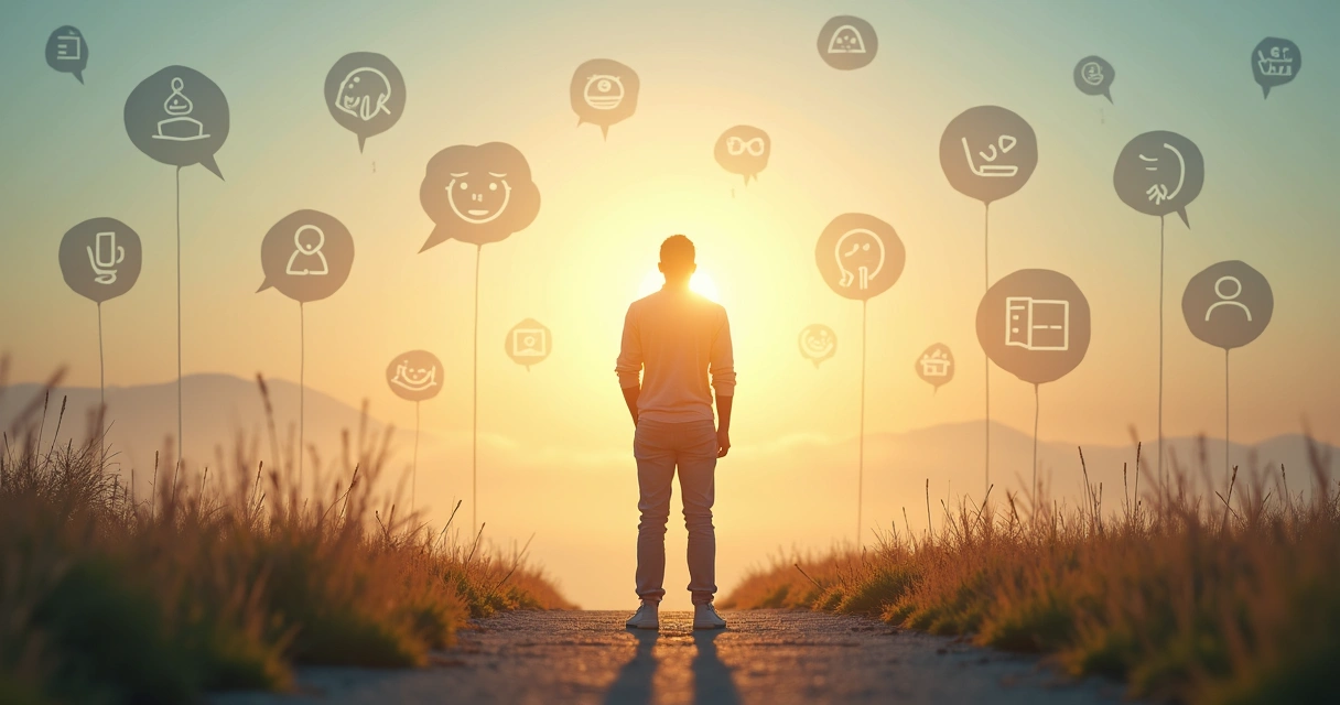 Pessoa olhando para o horizonte, refletindo, com elementos visuais representando diferentes decisões e emoções ao redor 