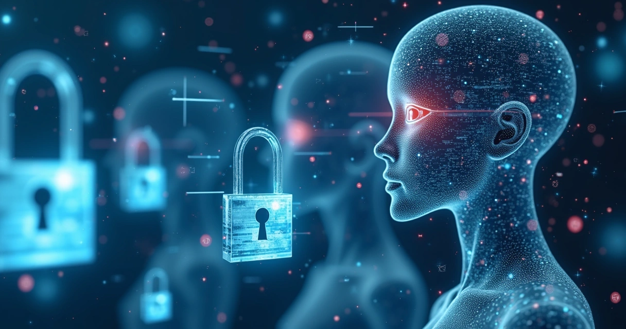 Ilustração de privacidade digital com cadeados e agentes de IA 